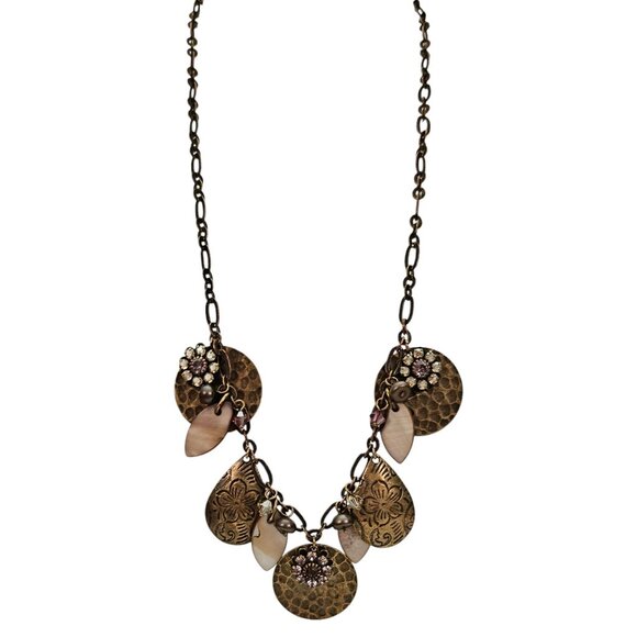 Liz Palacios Hammered Disc Copper Pearls, Pink Crystal, Rhinestone Necklace L470 - Picture 8 of 8